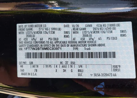 2021 Ford F-250 Platinum из США, поврежденный, VIN 1FT7W2BT8MEC03971